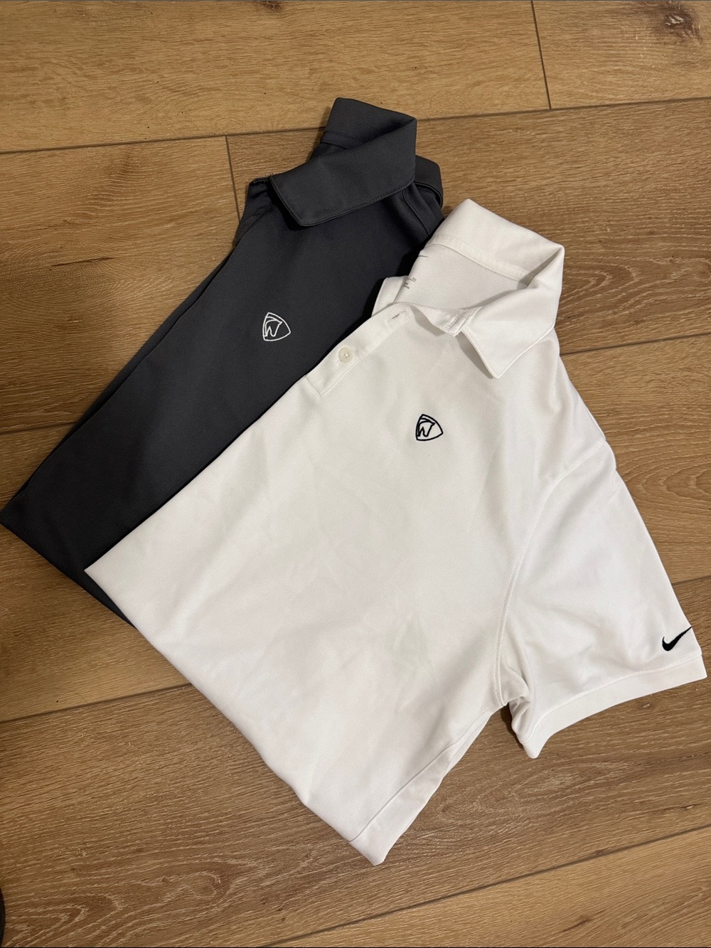 Two-Nike Polo Set — White & Charcoal with Small Crest